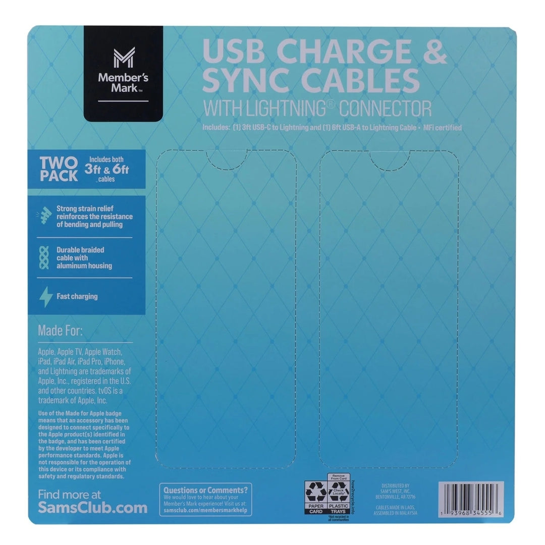 Members Mark USB Lightning 3 Foot and 6 Foot Cables (Pack of 2) Image 2