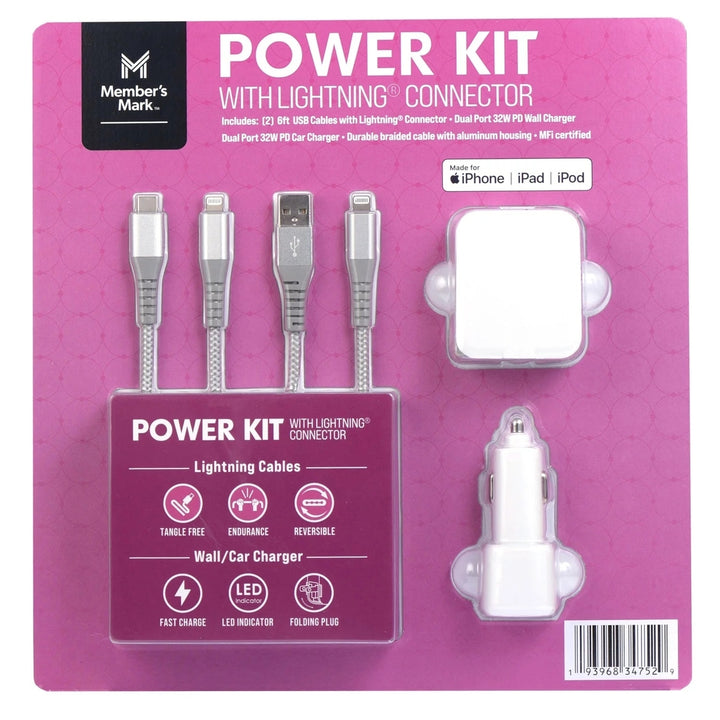 Members Mark Lightning USB Power Kit: Car and Wall Charger and 2 Lightning Cables Image 1