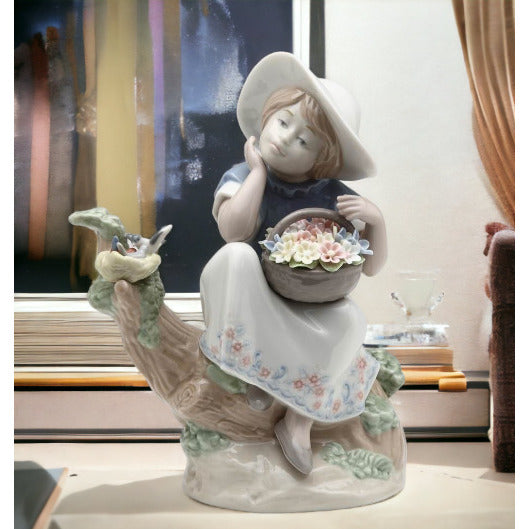 Ceramic Girl with Flower Basket Daydreaming FigurineHome DcorMomFarmhouse Kitchen Dcor, Image 1
