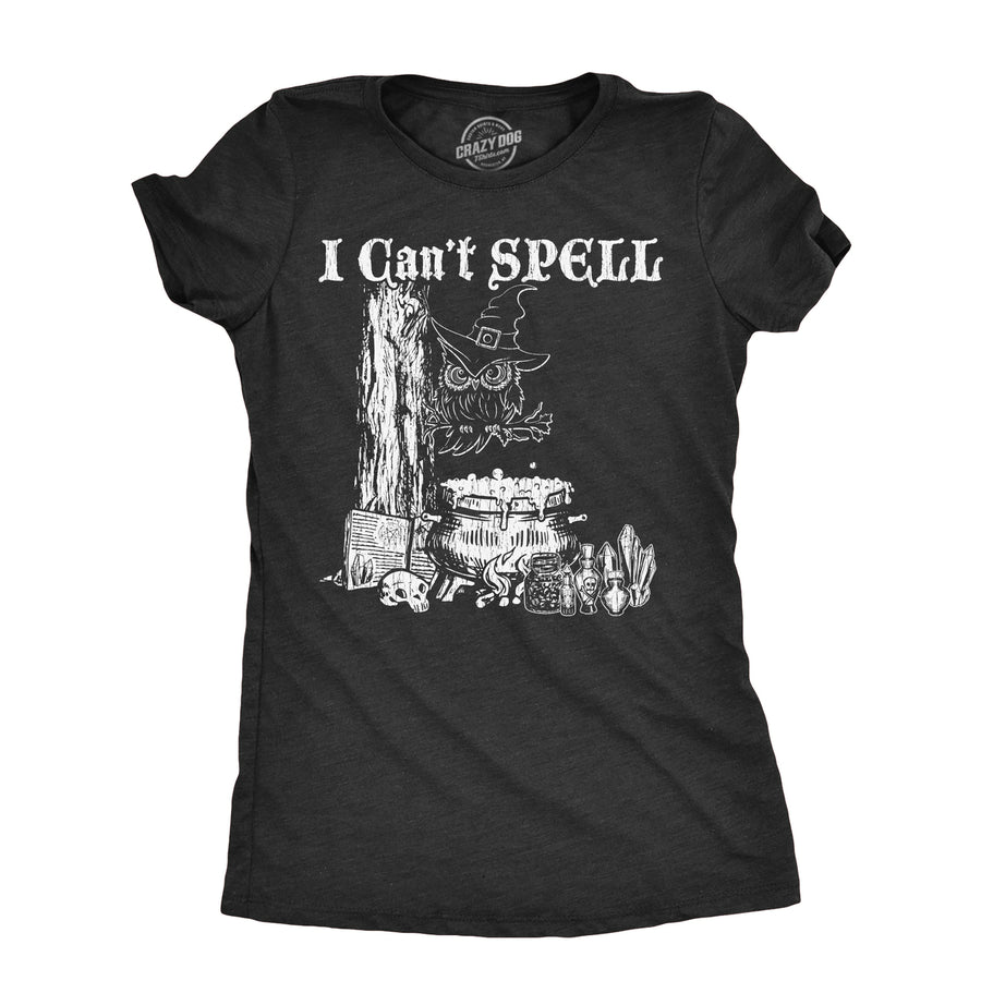 Womens I Cant Spell T Shirt Funny Halloween Witch Owl Spelling Joke Tee For Ladies Image 1