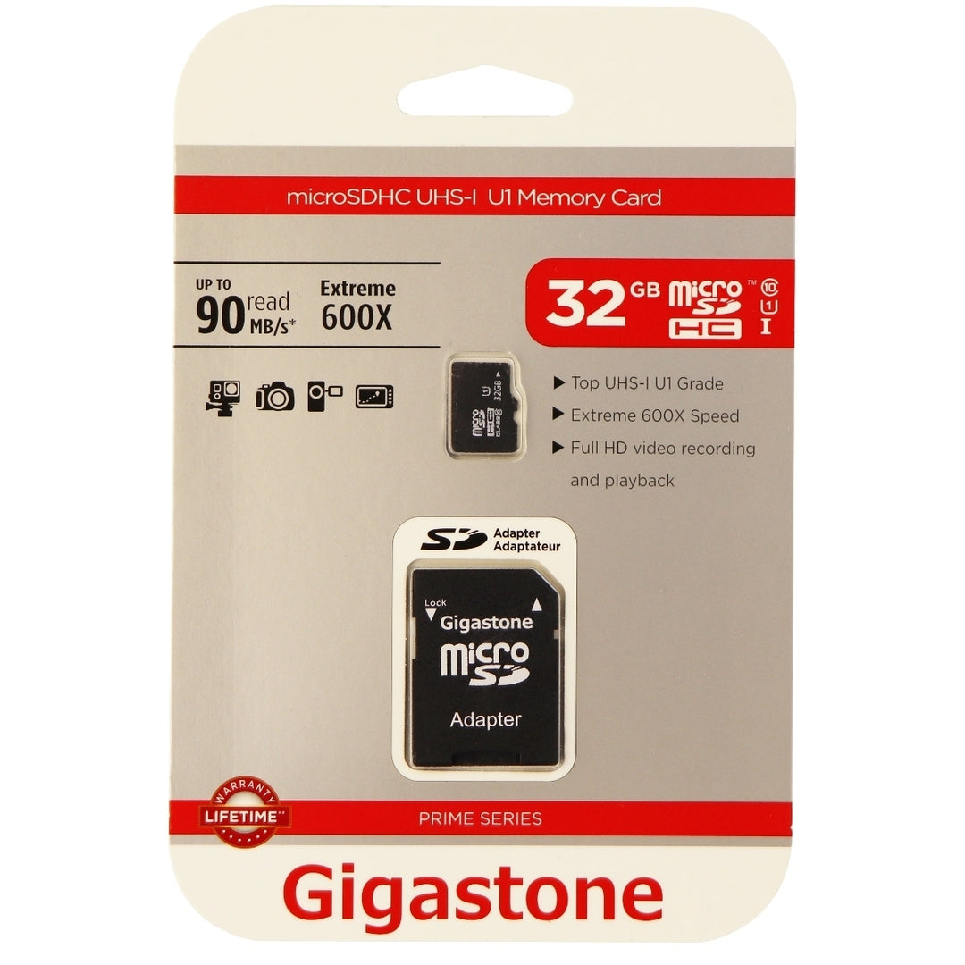 Gigastone 32GB Micro SDHC UHS-1 Class 10 90MBs Memory Card and Adapter Image 1