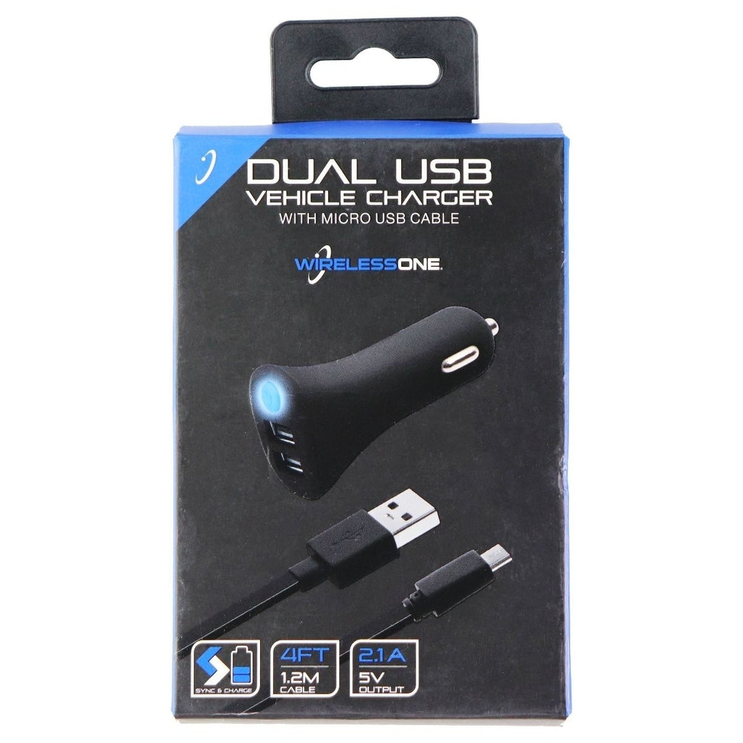 Wireless One (5V/2.1A) Dual USB Car Adapter with 4-Ft (Micro-USB) Cable - Black Image 1