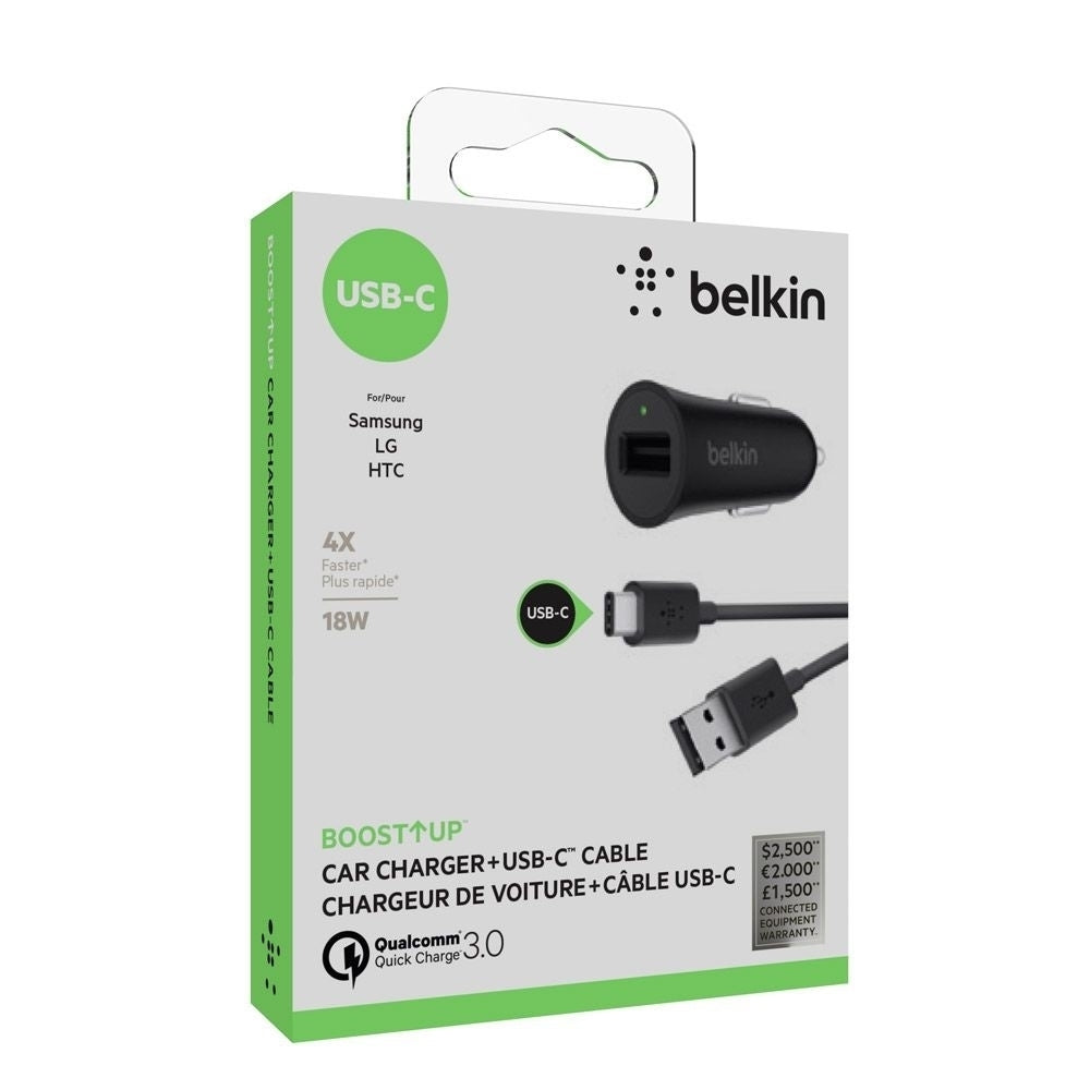 Belkin Boost Up Series 3.0 Quick Charge Car Charger and 4Ft USB-C Cable - Black Image 1