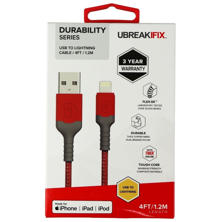 UBREAKIFIX (4-Ft) Durability Series Lightning 8-Pin to USB Cable - Red Image 1