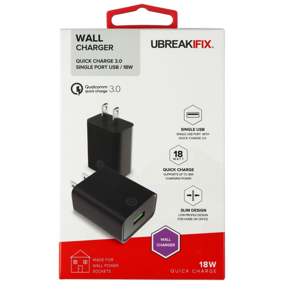 UBREAKIFIX 18W Quick Charge 3.0 Single USB Wall Charger - Black Image 1