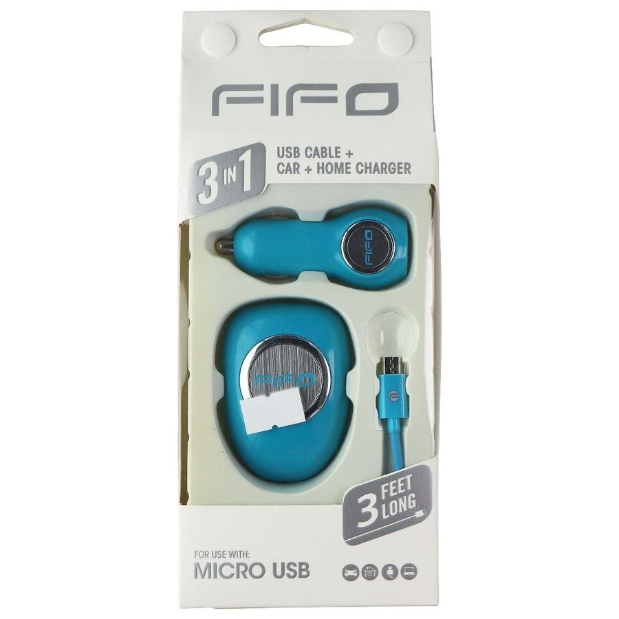 FIFO 3-in-1 Car + Wall USB Charger and 3-Ft Micro-USB Cable Combo - Blue Image 1