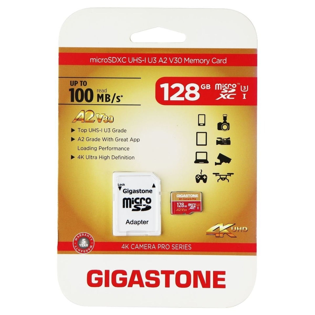 Gigastone 128GB microSDXC UHS-1 U3 A2 V30 Memory Card and Adapter Image 1