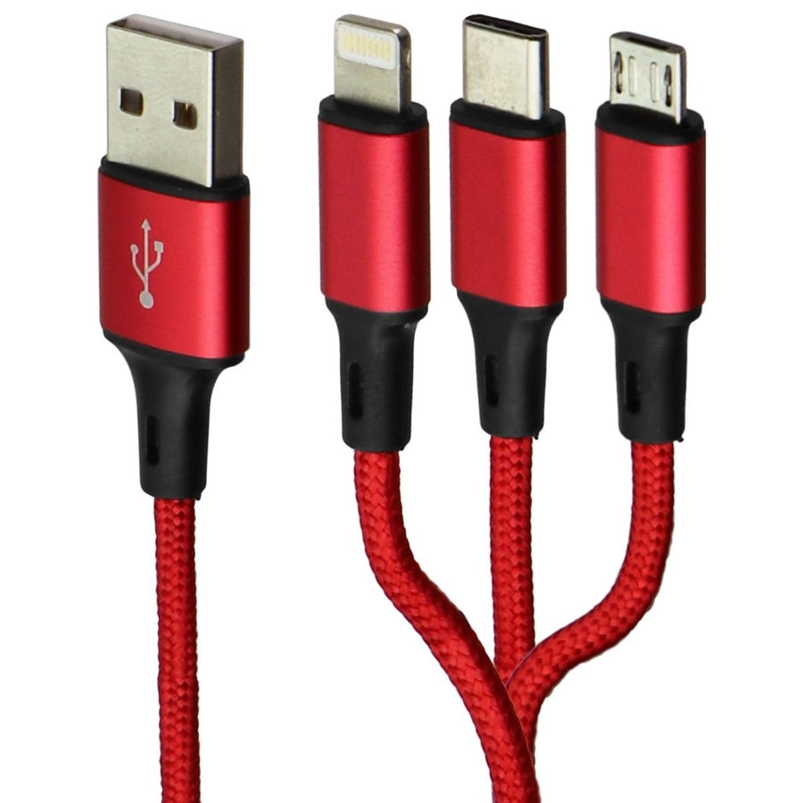 Zoda 3-in-1 USB-C/Lightning 8-Pin/Micro USB Braided Cable (4FT) - Red Image 1