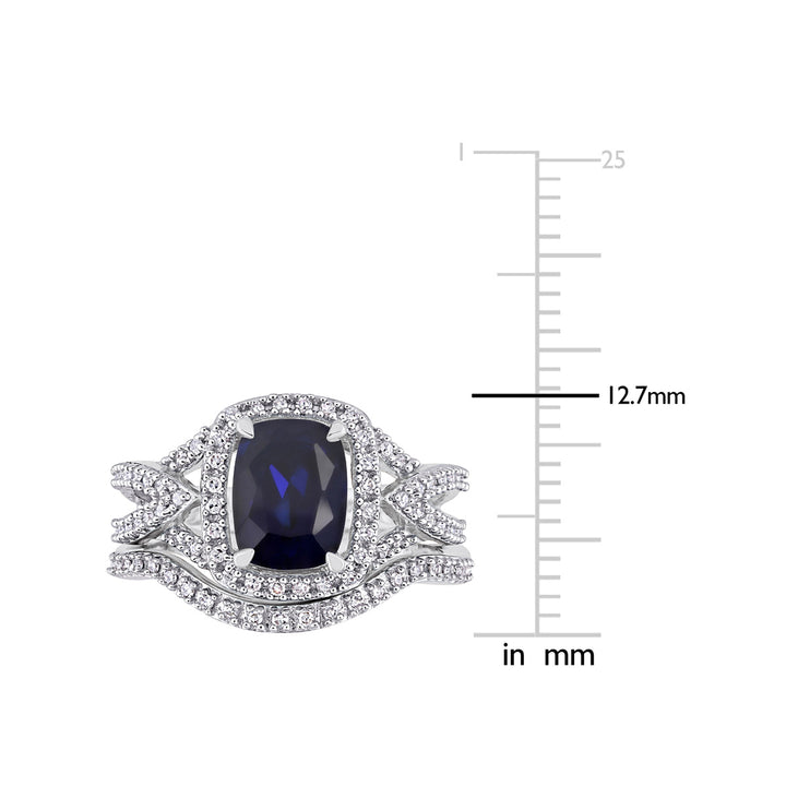 2.20 Carat (ctw) Lab-Created Blue Sapphire with Diamonds Bridal Wedding Set Engagement Ring 10K White Gold Image 3