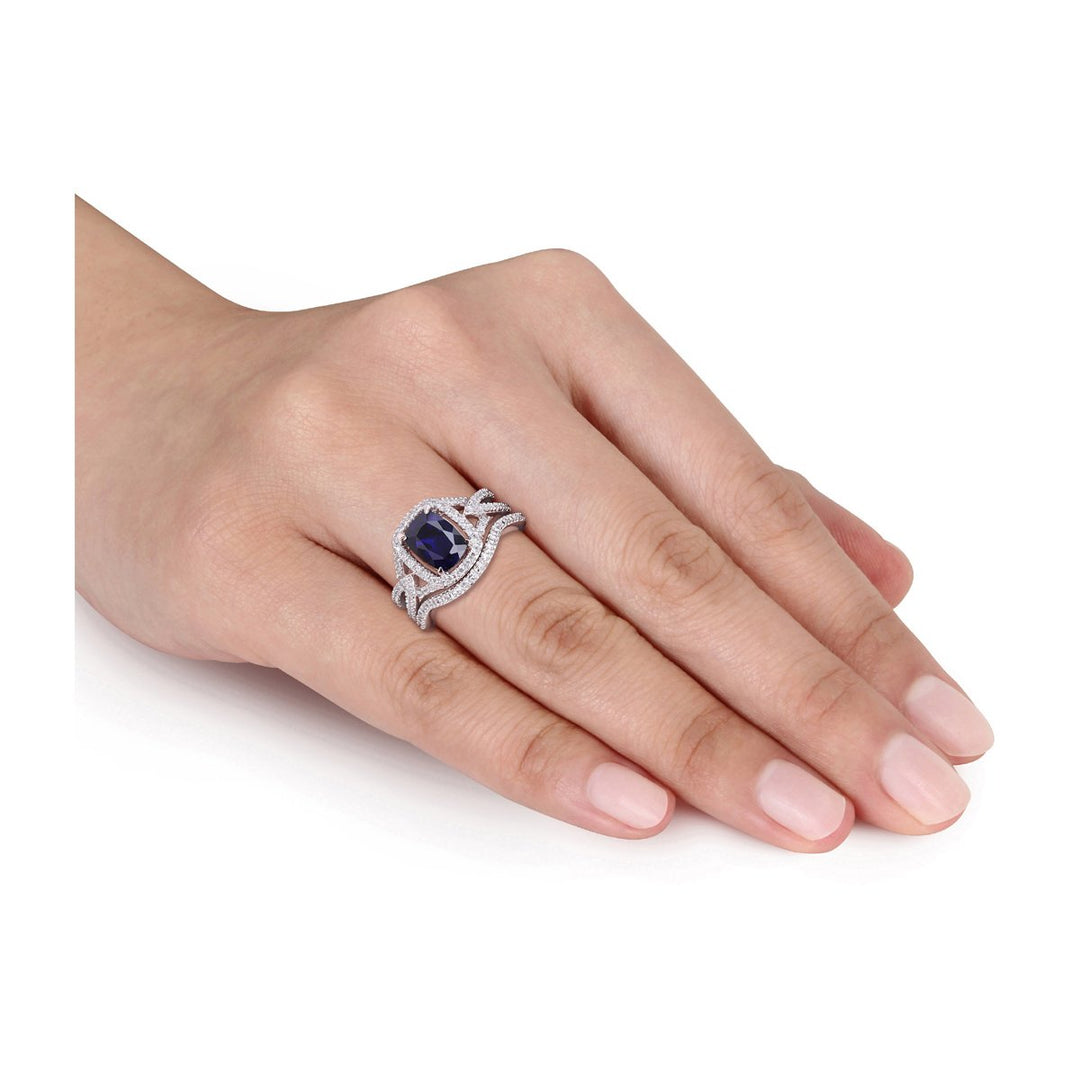 2.20 Carat (ctw) Lab-Created Blue Sapphire with Diamonds Bridal Wedding Set Engagement Ring 10K White Gold Image 4