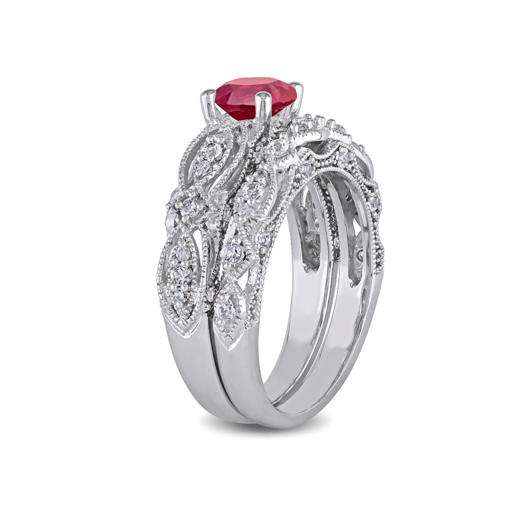 1.70 Carat (ctw) Lab-Created Ruby and White Sapphire with Diamond Bridal Wedding Set Engagement Ring 10K White Gold Image 2
