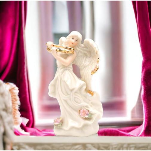 Ceramic Angel Playing Violin Figurine 4.5" Religious Gift Baptism Image 1