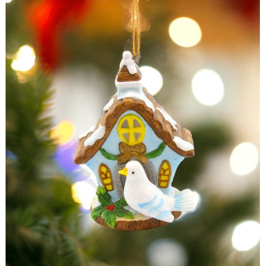 Ceramic Dove Bird with Birdhouse Ornament 3.25in  Christmas Image 1