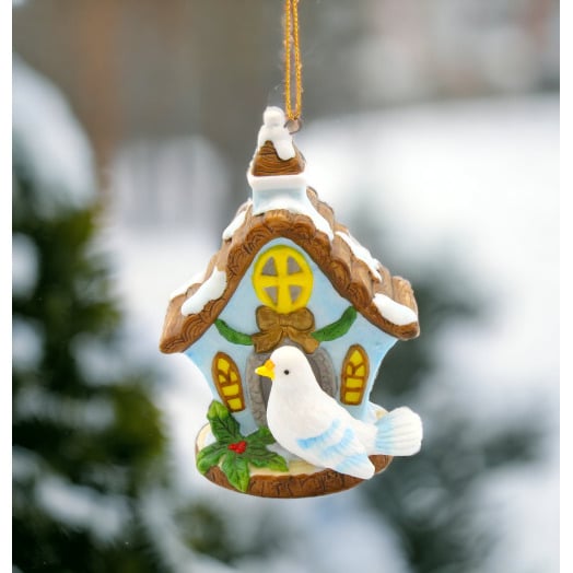 Ceramic Dove Bird with Birdhouse Ornament 3.25in  Christmas Image 2