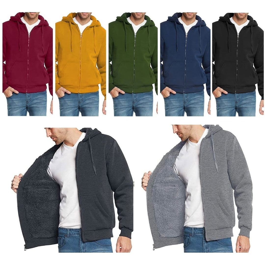 Mens Sherpa Lined Fleece Zip Up Hoodie Jacket Heavyweight Cotton Polyester Image 1