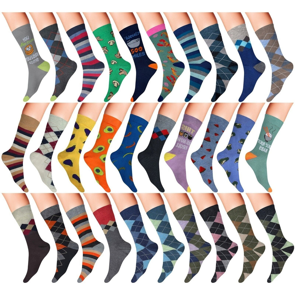 12-Pairs: Mens James Fiallo Premium Quality Fun Printed Dress Socks Image 2