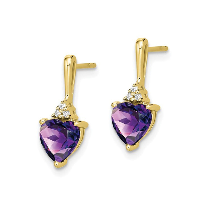 1.50 Carat (ctw) Natural Amethyst Dangle Heart Earrings in 10K Yellow GoldAccents Image 3