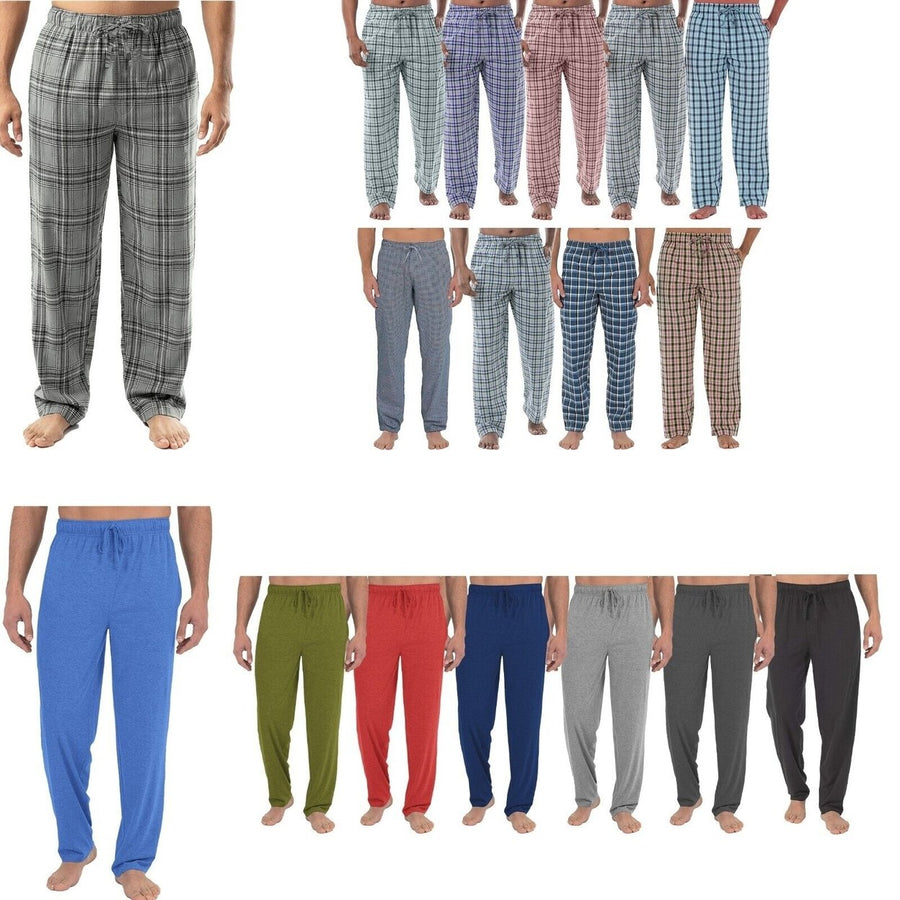 Mens Cotton Jersey Knit Pajama Pants 3-Pack Ultra-Soft Solid and Plaid Sizes S-XXL Image 1