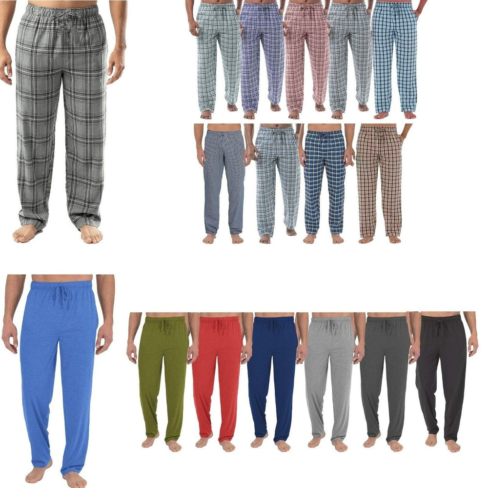 Multi-Pack: Mens Ultra-Soft Solid and Plaid Cotton Jersey Knit Comfy Sleep Lounge Pajama Pants Image 2