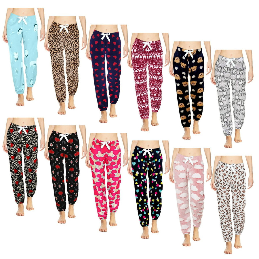 4-Pack: Womens Printed Ultra-Soft Comfy Stretch Micro-Fleece Pajama Lounge Pants Image 1