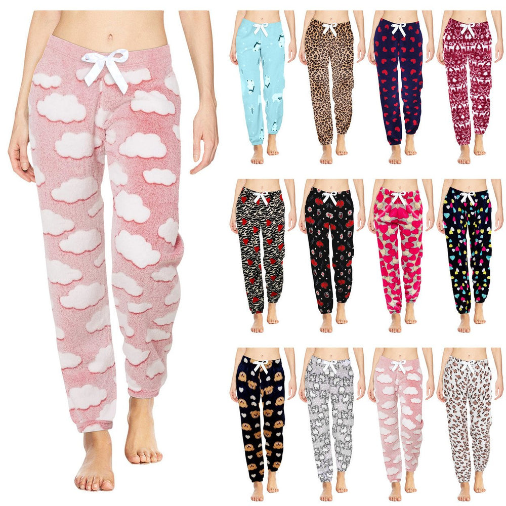 4-Pack: Womens Printed Ultra-Soft Comfy Stretch Micro-Fleece Pajama Lounge Pants Image 2
