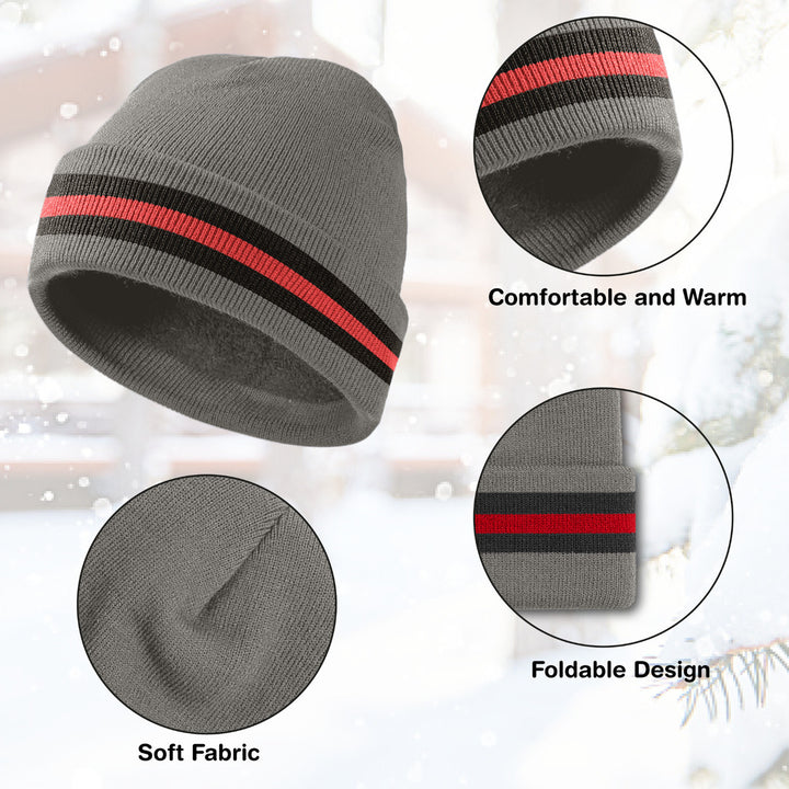 Mens Knit Striped Beanie Hat Faux faux Lined Warm Winter Cuffed Size Adjustable Image 4