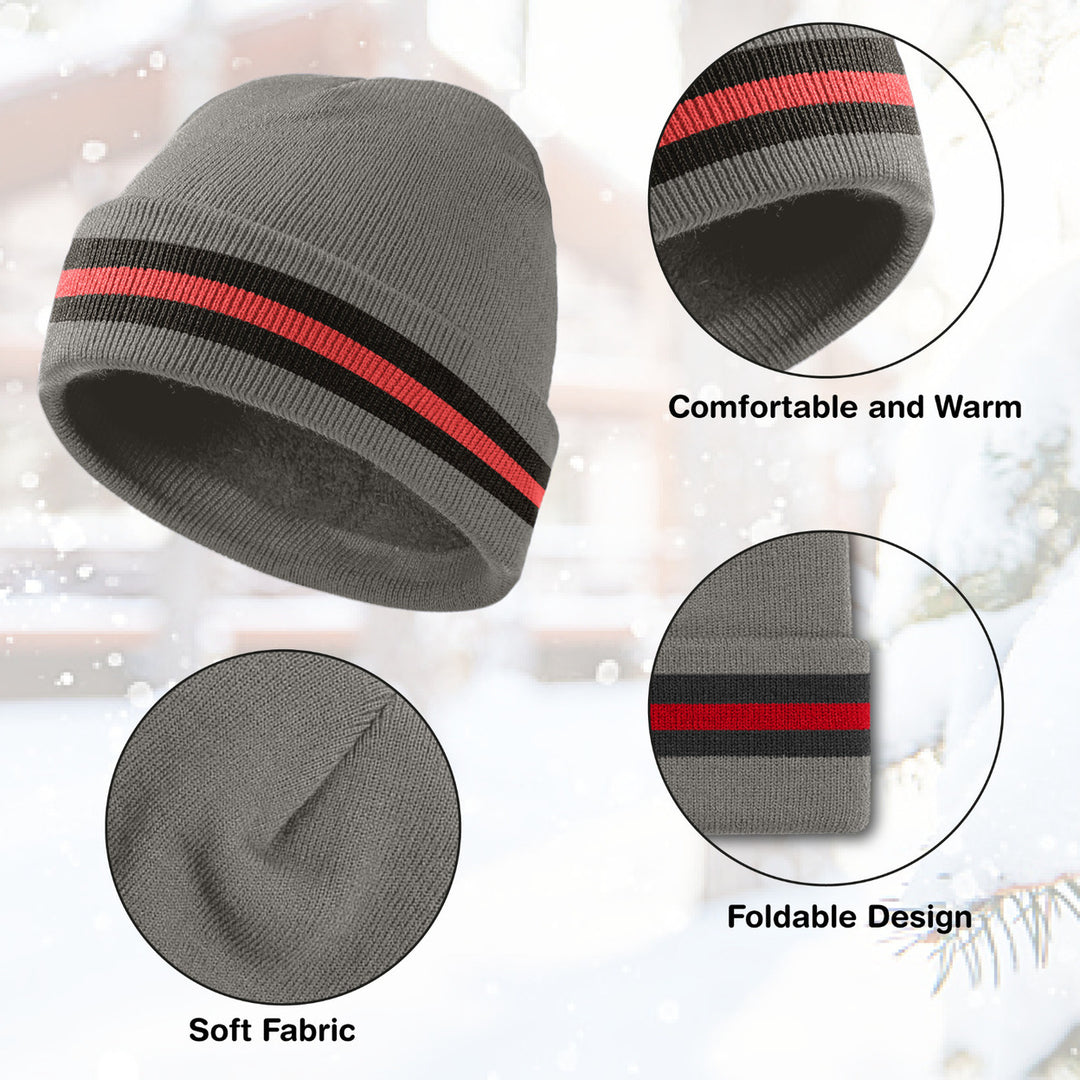 2-Pack: Mens Winter Warm Cozy Knit Cuffed Striped Beanie Hat with Faux faux Lining Image 4