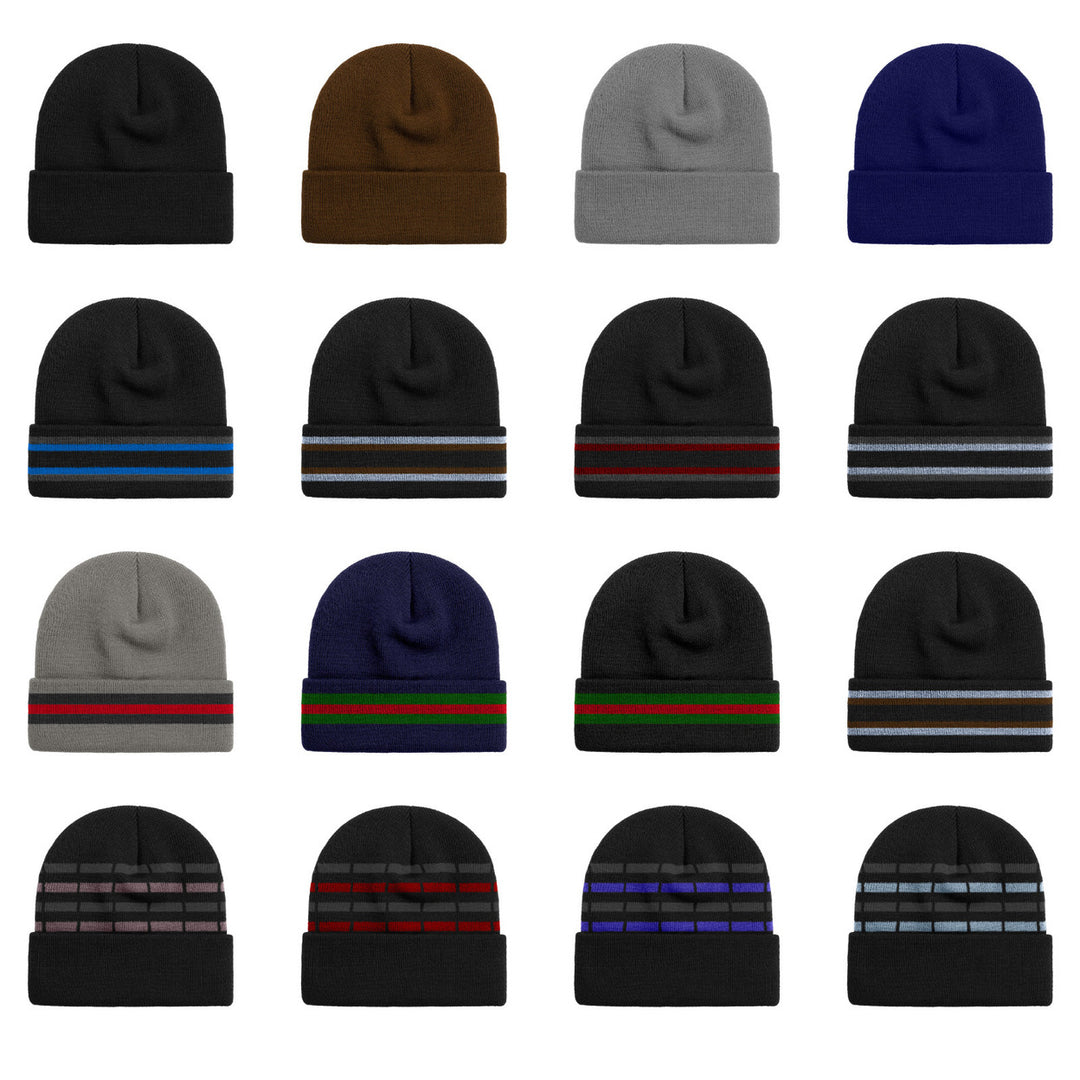 Mens Beanie Hat 3-Pack Solid Striped Cozy Knit Faux faux Lined Winter Warmth Image 1