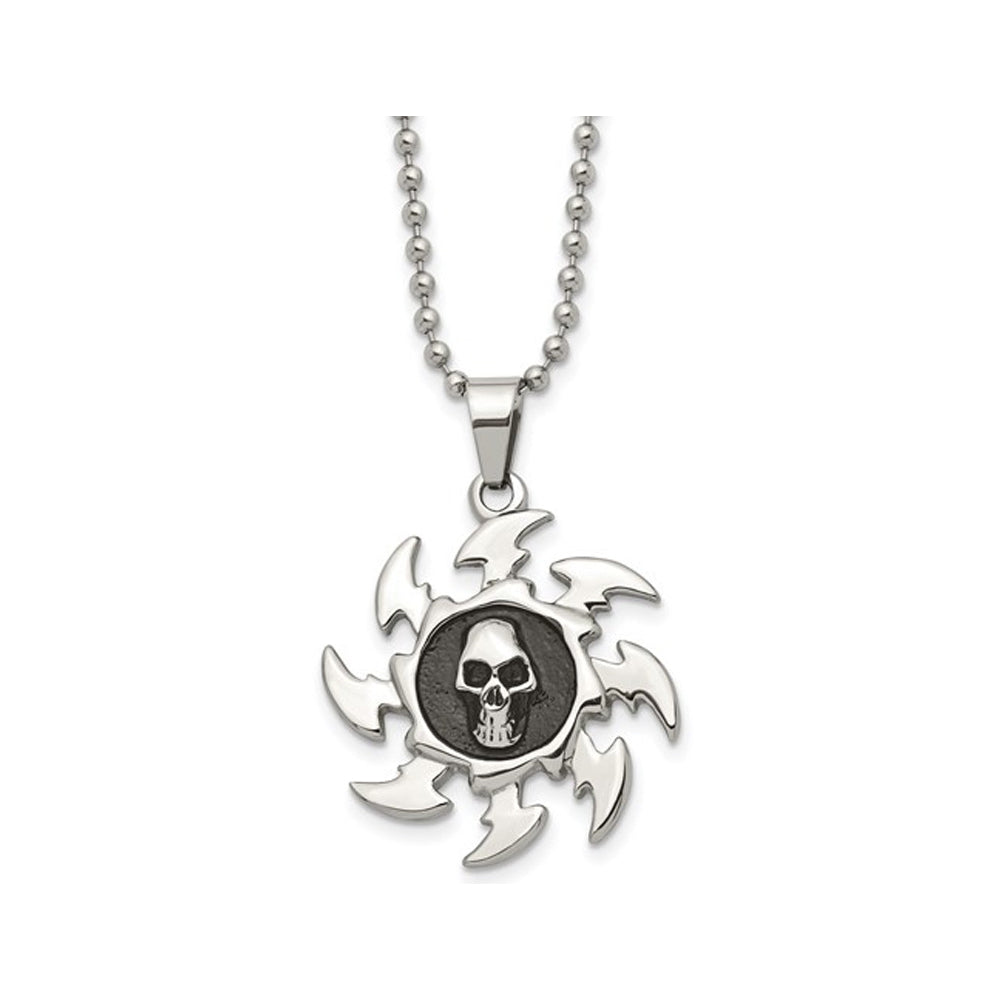 Stainless Steel Antiqued and Polished Skull on Saw Blade Pendant Necklace with Chain (24 Inche) Image 1