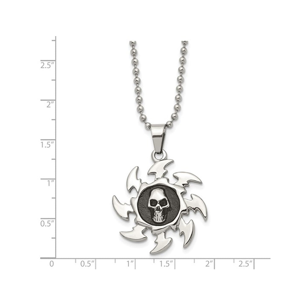 Stainless Steel Antiqued and Polished Skull on Saw Blade Pendant Necklace with Chain (24 Inche) Image 2