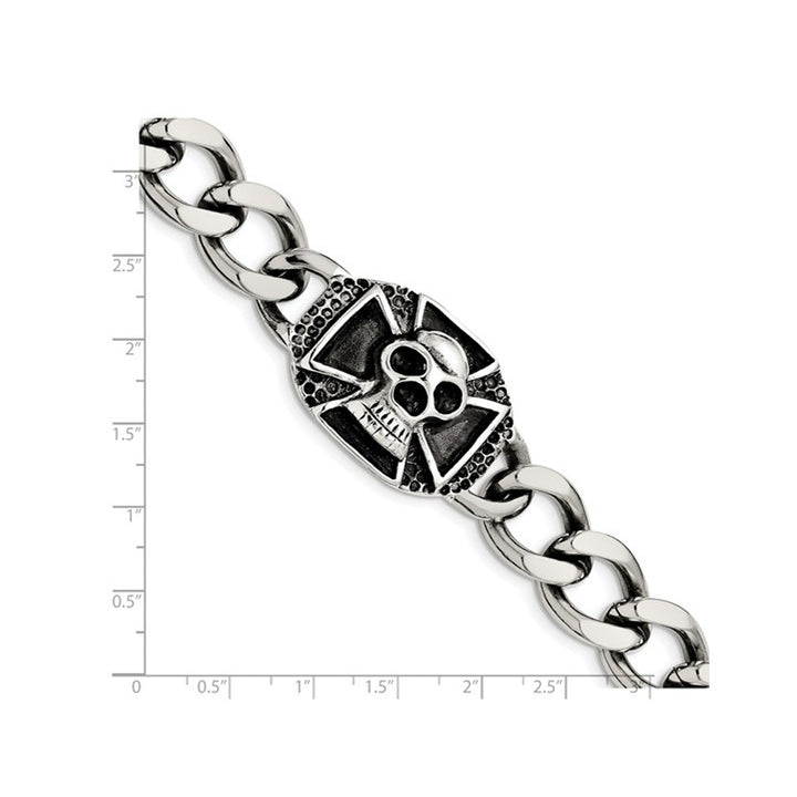 Stainless Steel Antiqued and Polished Skull Curb Bracelet (9.00 Inches) Image 4