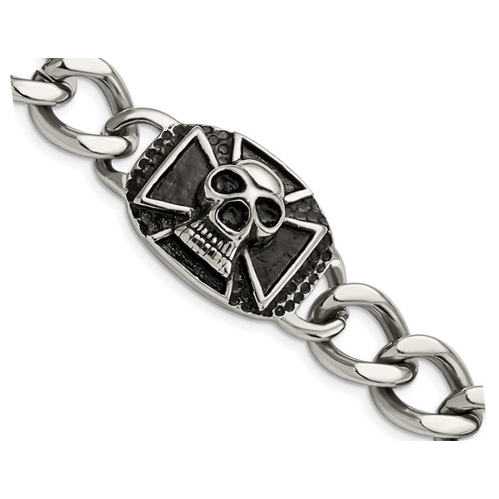 Stainless Steel Antiqued and Polished Skull Curb Bracelet (9.00 Inches) Image 4