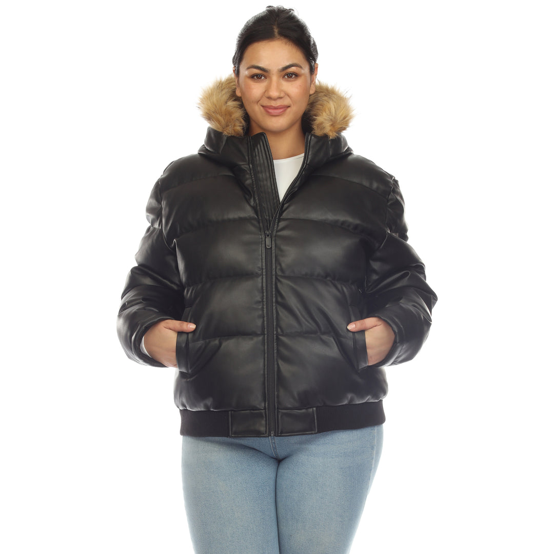 White Mark Women's Removable Fur Hoodie PU Leather Puffer Jacket Image 1