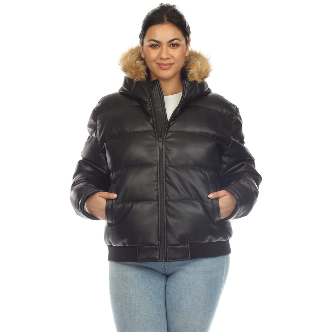 White Mark Womens Puffer Jacket Removable faux Hood PU Leather Size M L XL Image 7