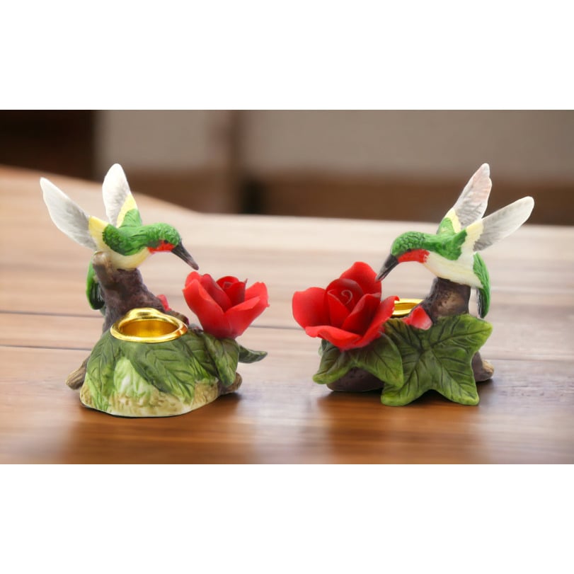 Ceramic Hummingbird Rose Flower Candle Holder Set of 2 Image 1