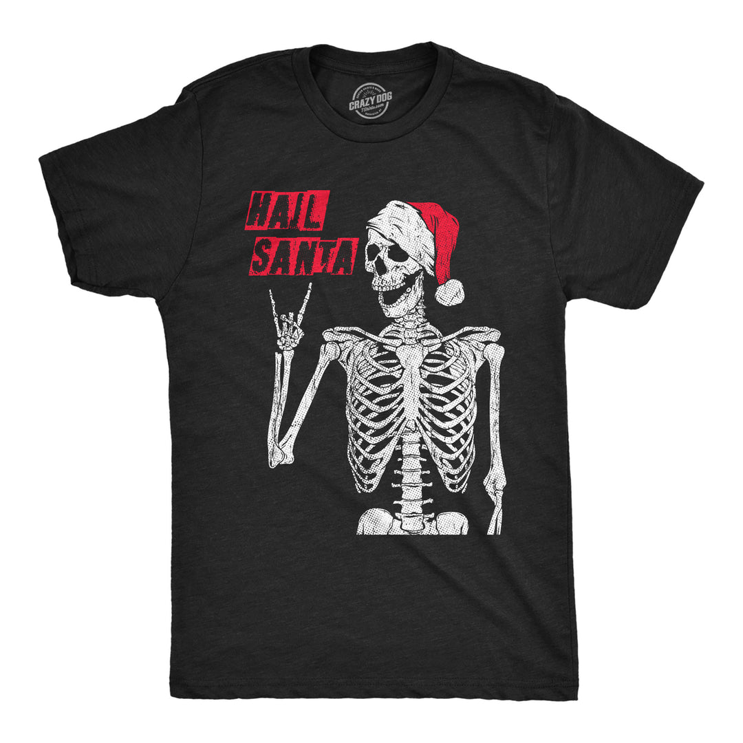 Mens Hail Santa T Shirt Funny Xmas Skeleton Metal Horns Joke Tee For Guys Image 1