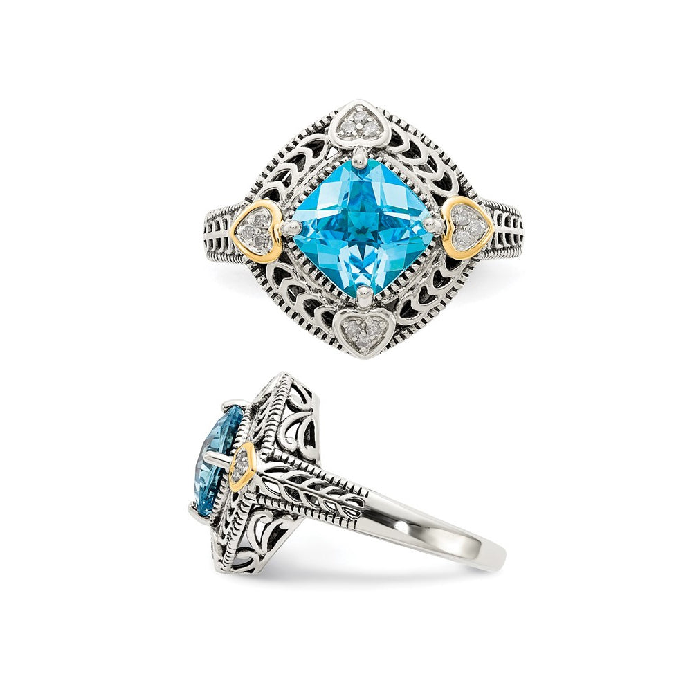 2.70 Carat (ctw) Blue Topaz Ring in Antiqued Sterling Silver with 14K Gold Accent Hearts Image 2