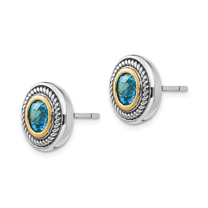 1.00 Carat (ctw) Blue Topaz Button Post Earrings in Sterling Silver with 14K Accents Image 4