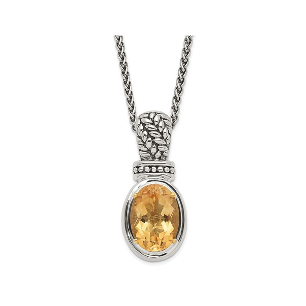 5.50 Carat (ctw) Citrine Drop Pendant Necklace in Antiqued Sterling Silver with Chain Image 1
