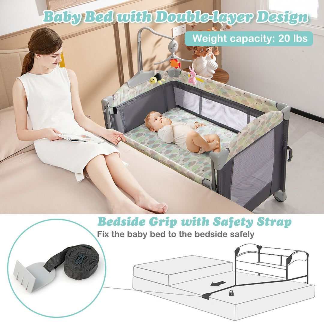 5-in-1 Baby Beside Sleeper Bassinet Portable Crib Playard w/Diaper Changer Gray Image 4