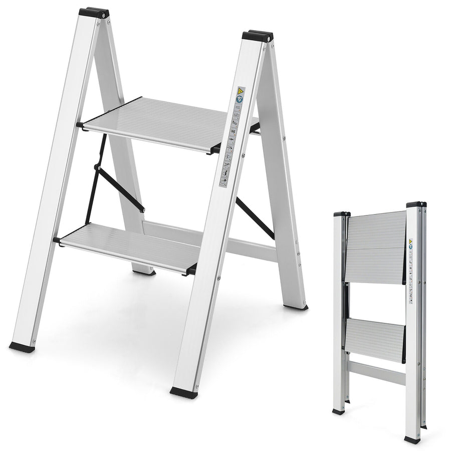 2 Step Ladder Aluminum Folding Step Stool 330lbs Lightweight w/ Non-Slip Pedal Image 1