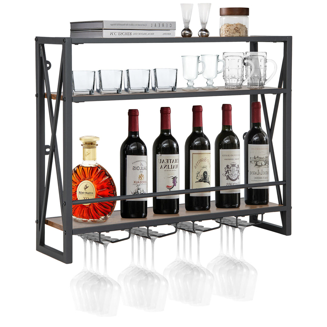 Wall Mounted Wine Rack Industrial 3-Tier Shelf with Glass Holders for Kitchen Image 1