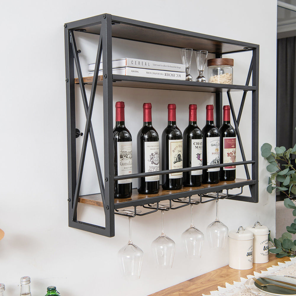 Wall Mounted Wine Rack Industrial 3-Tier Shelf with Glass Holders for Kitchen Image 2