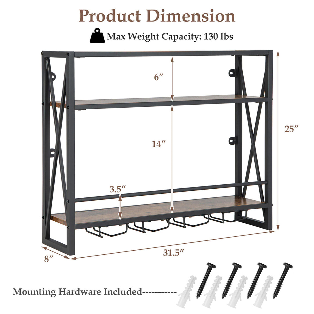 Wall Mounted Wine Rack Industrial 3-Tier Shelf with Glass Holders for Kitchen Image 3