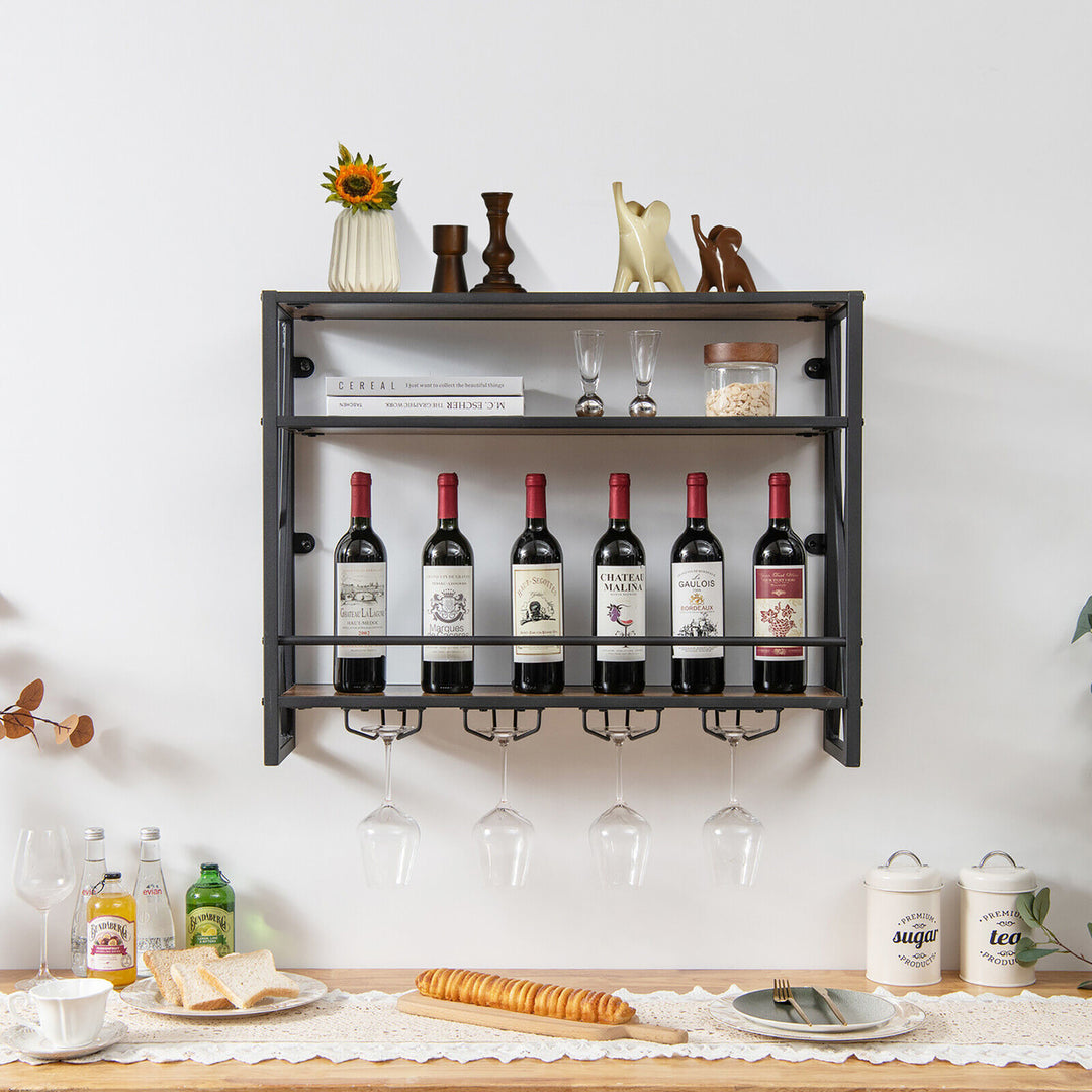 Wall Mounted Wine Rack Industrial 3-Tier Shelf with Glass Holders for Kitchen Image 4