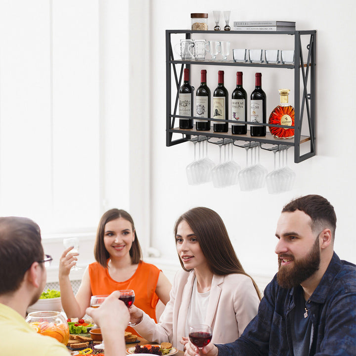 Wall Mounted Wine Rack Industrial 3-Tier Shelf with Glass Holders for Kitchen Image 4