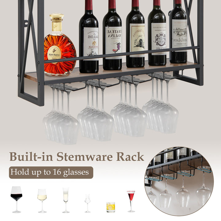 Wall Mounted Wine Rack Industrial 3-Tier Shelf with Glass Holders for Kitchen Image 6