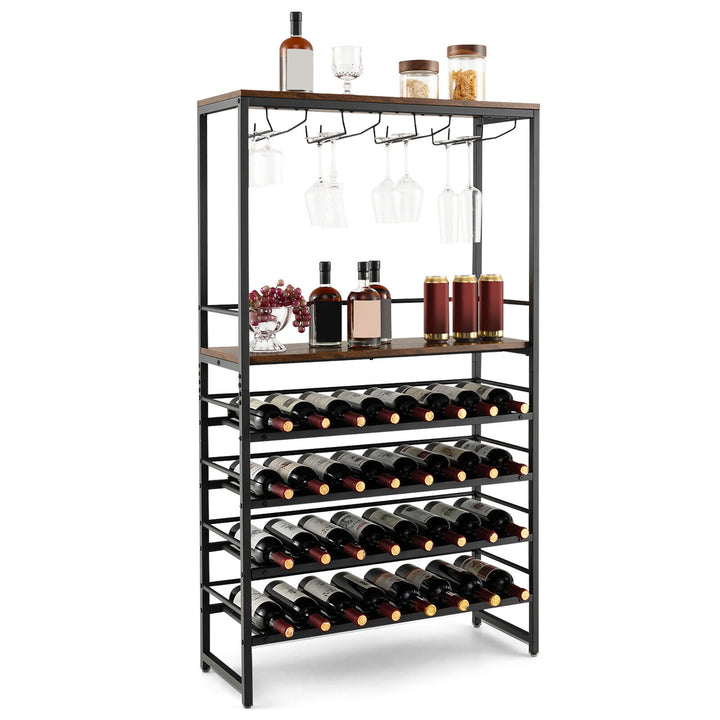 32 Bottles Wine Rack Rustic Wine Storage Holder Freestanding W/ Glass Holder Image 1
