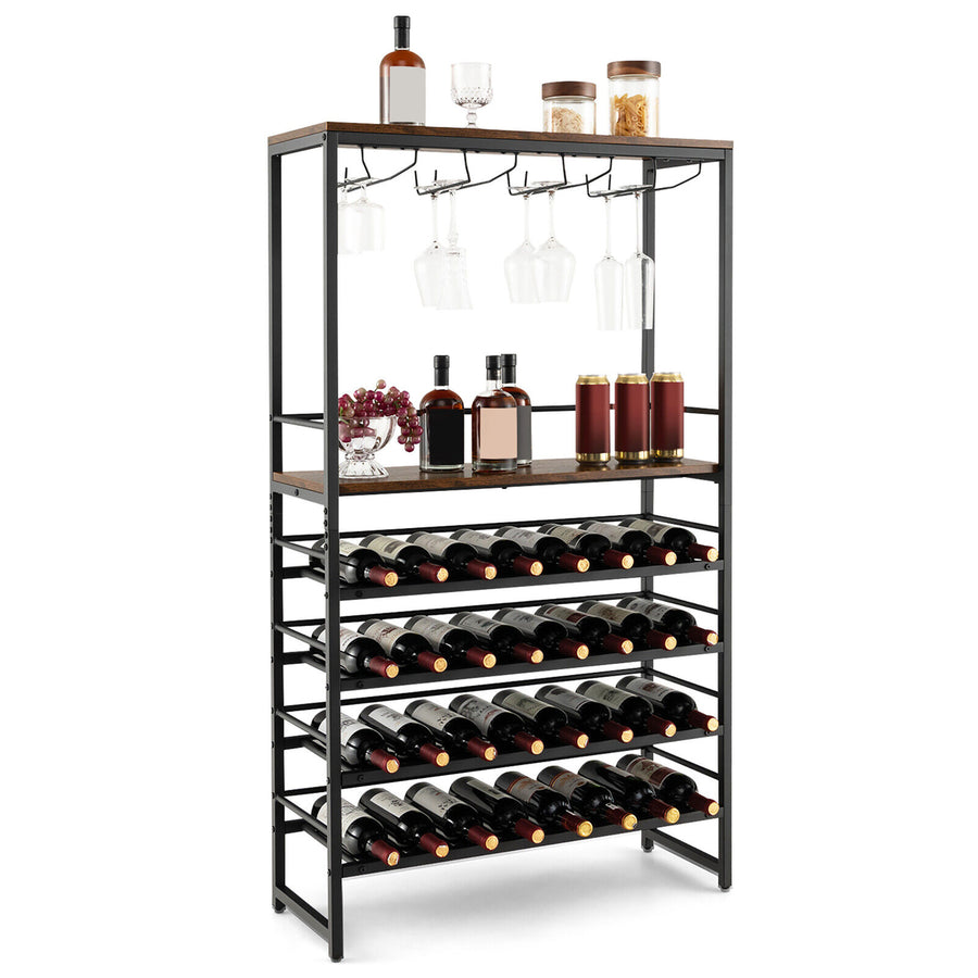 32 Bottles Wine Rack Rustic Wine Storage Holder Freestanding W/ Glass Holder Image 1