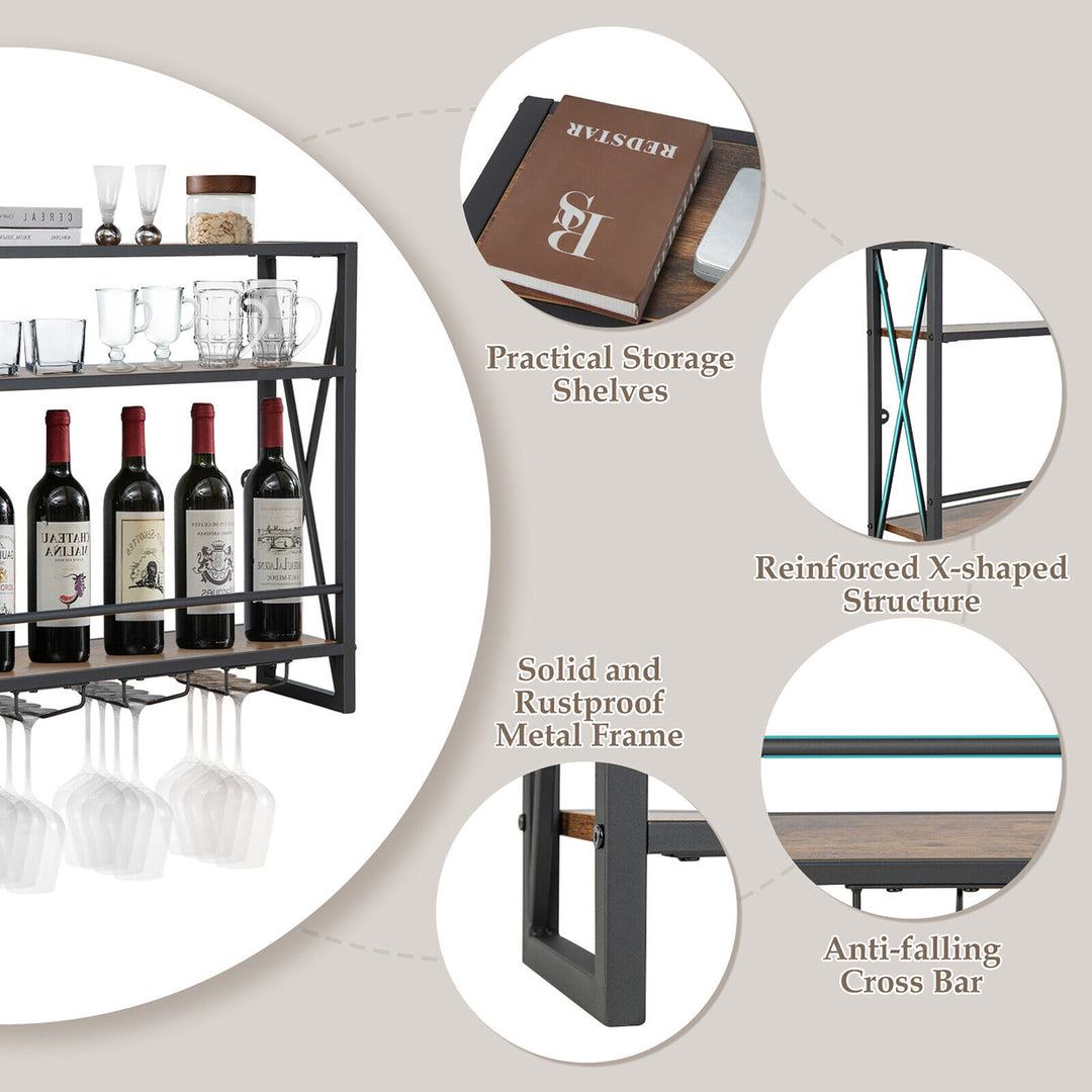 Wall Mounted Wine Rack Industrial 3-Tier Shelf with Glass Holders for Kitchen Image 8